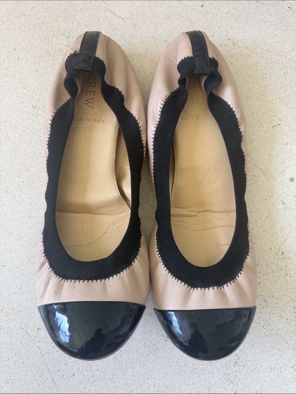 J. Crew Beige Leather Ballet Flats with Black Patent Cap Toe